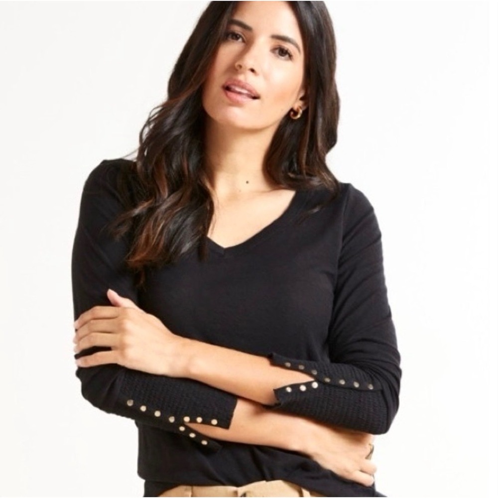 Nation LTD Page Smocked Cuff T Womens Small V-Neck Long Sleeve Pima Cotton‎ Chic